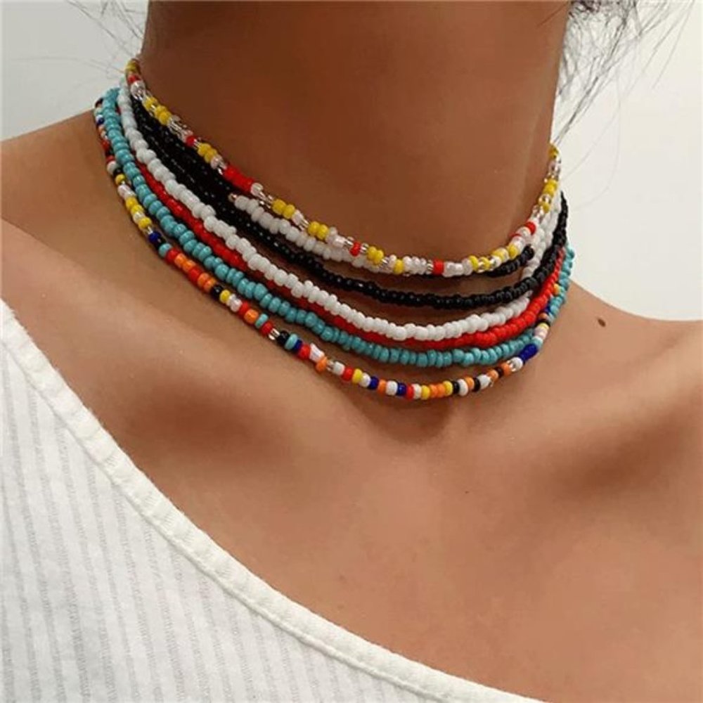Boho Layered Beaded Necklaces Colorful Beads Choker Necklace Handmade (7PCS) - Picture 2 of 8